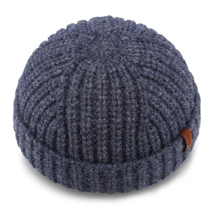 Chunky Wool Fisherman Short Beanie Hats Skull Cap for Men, Mens Thick Skater Streetwear Fishermans Beanie Daily Hat - color: Navy Blue