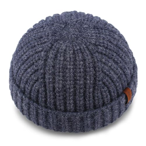 Chunky Wool Fisherman Short Beanie Hats Skull Cap for Men, Mens Thick Skater Streetwear Fishermans Beanie Daily Hat - color: Navy Blue