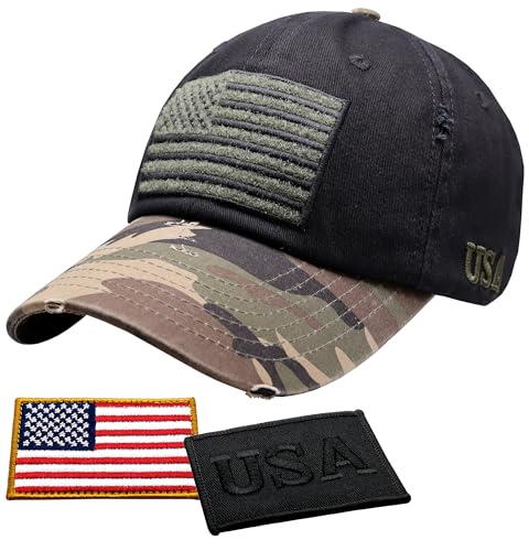 Antourage American Flag Unisex Baseball Hat for Men and Women | USA Flag Mesh Snapback Cap with 2 Patriotic Patches - color: (06) 2-tone: Black/Camo