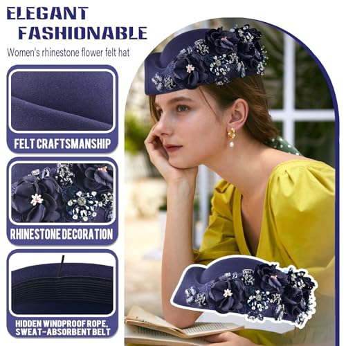 Women's Retro Stewardess Felt Hat, British Berets, Rhinestone Flower Decor, Ladies' Church Derby Hat - color: Navy Blue