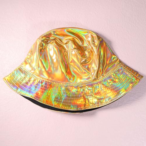 MILAKOO Rave Hologram Metallic Bucket Hat Reversible Cap Reflective Waterproof Rain Fisherman Hat - color: E: Gold