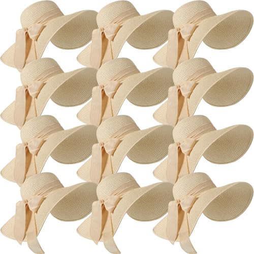 12 PCS Women's Wide Brim Straw Hats Floppy Sun Hat - color: Beige, style: Floppy