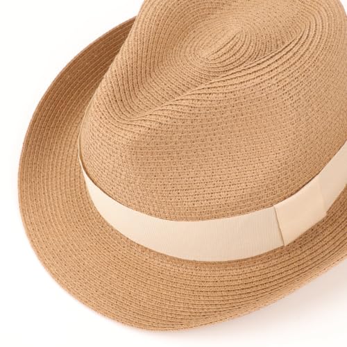 DRESHOW Women Straw Panama Hat Travel Fedora Beach Sun Hat Summer Wide Brim Straw Roll up Hat UPF 50+ - color: 1 Pc Roll Up Hat: Khaki + 2 Replaceable Bands（khaki, Beige)