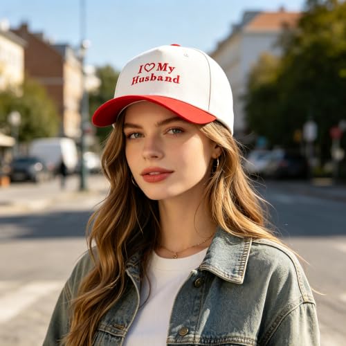 Funny Embroidered Trucker Hat, Vintage Two-Tone Cotton Baseball Cap for Men Women, Adjustable Dad Hat Gift Idea - color: I Love My Husband Heart, Red/Beige
