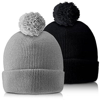 Geyoga 2 Pcs Pom Beanie Hat Men Women Winter Hat Pom Knit Cap Beanies with Ball at Top Acrylic Winter Cap with Cuff - color: Gray, Black, style: Classical