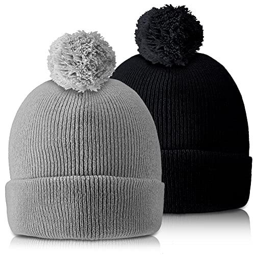 Geyoga 2 Pcs Pom Beanie Hat Men Women Winter Hat Pom Knit Cap Beanies with Ball at Top Acrylic Winter Cap with Cuff - color: Gray, Black, style: Classical