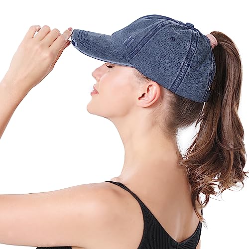 Criss Cross Ponytail Hat Women Washed Distressed Baseball Caps Adjustable High Messy Bun Ponycap - color: B - Denim Navy Blue