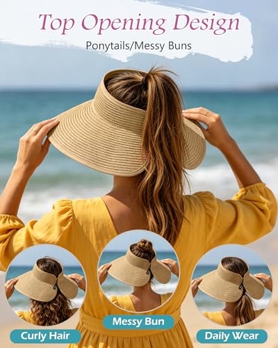3 Pack Women's Straw Sun Visor Hat,Outdoor Wide Brim UV Protection Foldable,Adjustable Packable Ponytail Summer Sun Hat - color: 3 Pack Khaki