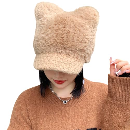 Cat Ears Fleece Lined Brimmed Beanie Hats Winter Golf Cap Brim Bill Visor Women - color: Khaki