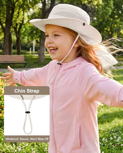 Century Star Kids Sun Hat with Ponytail Hole & Detachable Neck Flap UPF50+ Quick Dry Girls Bucket Hat for Outdoor Beach - color: Beige
