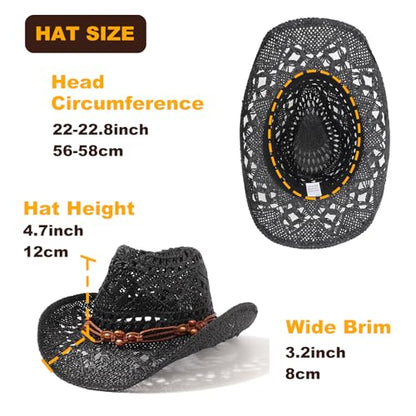 AQOKKA Straw Cowboy Hats for Women Men Western Cowgirl Hats with Shapeable Brim Woven Hollow Out Unisex Beach Roll Up Caps - color: Black Beads Cowboy Hat
