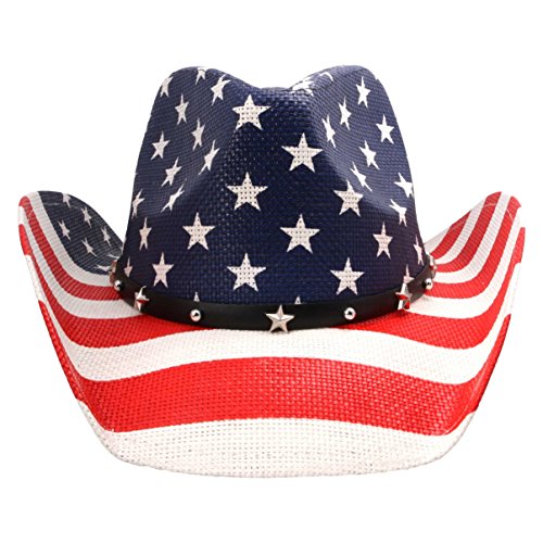 grinderPUNCH Straw Cowboy Hat for Men Women Western Cowgirl Outback Sun Hat - color: Modern Flag