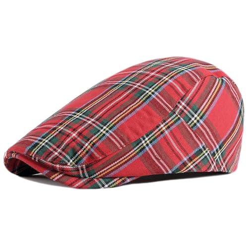 Mens Plaid Newsboy Flat Cap Ivy Gatsby Driving Hunting Cabbie Hat - color: Red-plaid B