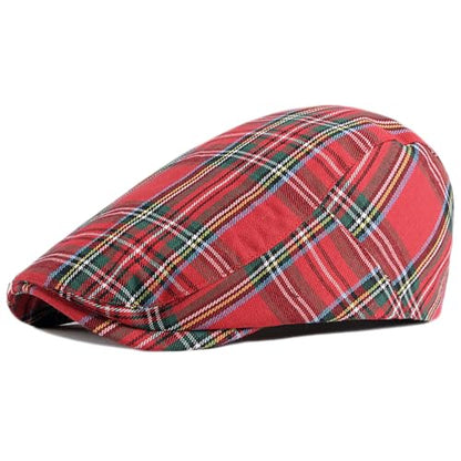 Mens Plaid Newsboy Flat Cap Ivy Gatsby Driving Hunting Cabbie Hat - color: Red-plaid B