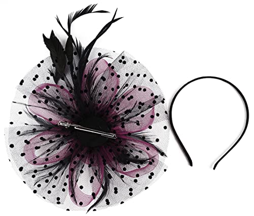 Kentucky Derby Fascinators for Women High Tea Party Hat Wedding Cocktail Flower Headware with Mesh and Feathers - color: Rose&black