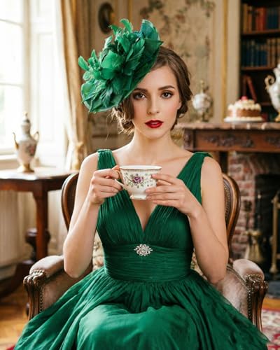 ORIDOOR Women Fascinators Derby Church Tea Party Wedding Flower Feathers Headpiece with Headband Clips - color: 02-dark Green