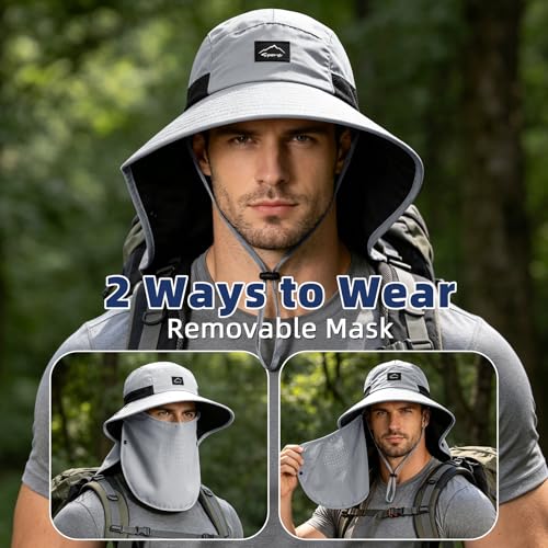 Outdoor Sun Hat for Men Women, UPF 50+ Safari Cap Fishing Hat with Detachable Face Cover & Neck Flap Beach Garden Hiking - color: 1pack-lightgrey