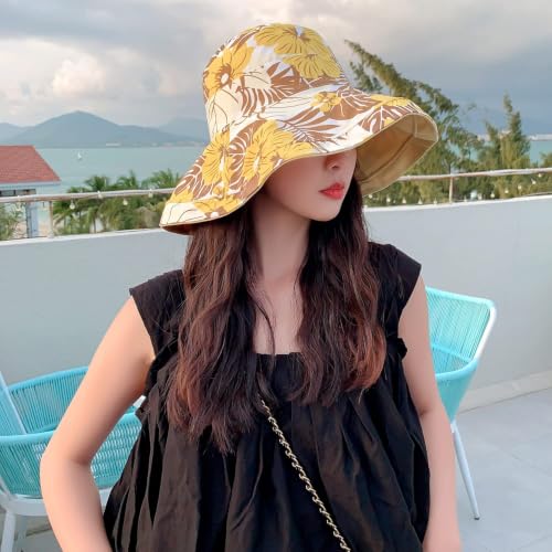 HUAMULAN Wide Brim Women Summer Sun Floppy Hat Reversible Beach Bucket Hat - color: Xinm001-yellow