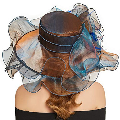 Women Oganza Sun Hat Church Wide Brim Wedding Formal Fascinator Hat - color: Blue & Coffee