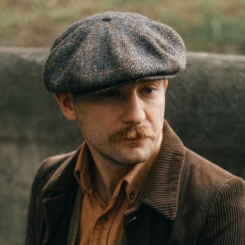 Sterkowski Peaky | 100% Harris Tweed Newsboy Cap for Men and Women | Warm Classic Elegant 8 Panels Hat - color: Brown/Blue Check, size: 7