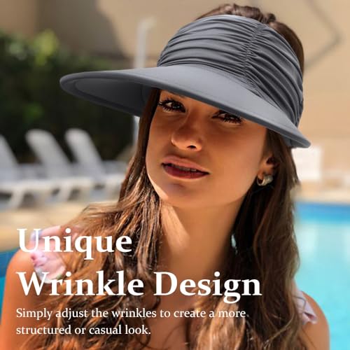 Women Visor Sun Hat Adjustable Foldable Wide Brim Sun Hats Summer UPF 50+ UV Protection Visor Cap for Outdoor Beach - color: Drak Grey a