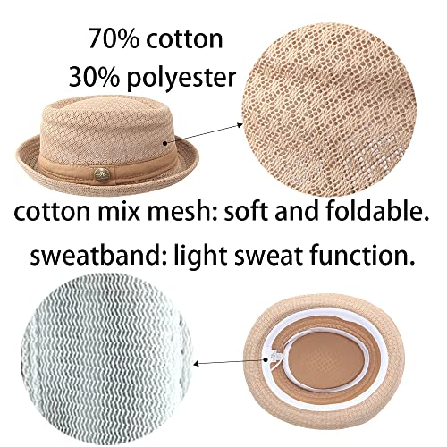 Summer Mesh Pork Pie Hat,Men Women Straw Fedora Cap,Lightweight Bowler Cap - color: Khaki+grey