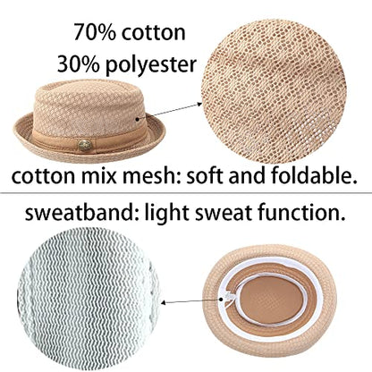 Summer Mesh Pork Pie Hat,Men Women Straw Fedora Cap,Lightweight Bowler Cap - color: Khaki+grey