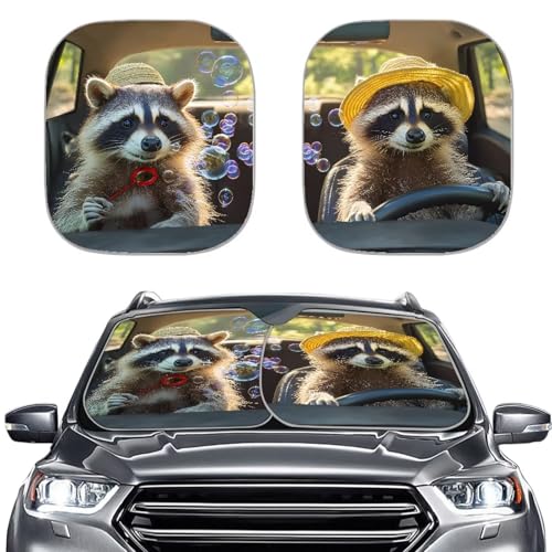 Renewold Car Windshield Sunshade, 2-Piece Set with UV and Heat Protection, Funny Raccoon Foldable Front Window Shade for Easy Daily Use and Storage - color: Raccoon Animal Driving