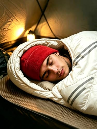 Winter Fleece Beanie, Wide Double-Layer Brim Warm Skull Cap, Windproof Lightweigh Sleep Hat for Men Women - color: Red