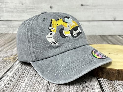 Embroidered Baseball Hats for Girls Boys - color: Excavator (Washed Gray)