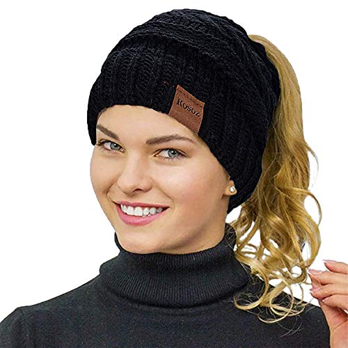 Rosoz 2 Pack Ponytail Beanie for Women,Winter Warm Beanie Tail Soft Stretch Cable Knit Messy High Bun Hat - color: 1pack-black