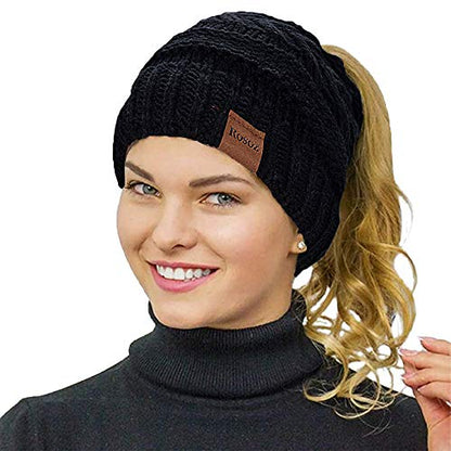 Rosoz 2 Pack Ponytail Beanie for Women,Winter Warm Beanie Tail Soft Stretch Cable Knit Messy High Bun Hat - color: 1pack-black