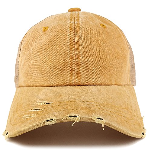 Trendy Apparel Shop Pigment Dyed Front Mesh Back Frayed Bill Trucker Cap - color: Gold