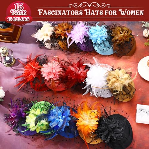 Jeyiour 15 Pcs Tea Party Fascinators for Women with Veil - color: Elegant Color