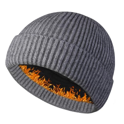 Heniho Wool Fleece Lined Fisherman Beanie for Men, Winter Warm Hats Cuffed Knit Watch Cap Trawler Hat - color: 1pack B- Grey