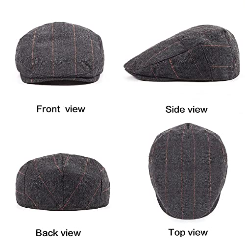 Herringbone Flat Ivy Newsboy Cap for Men 1920s Wool Blend Tweed Cabbie Hat - color: 001 Plaid Black, size: Small-Medium