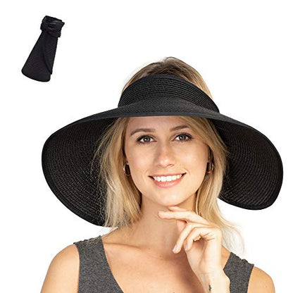 Women Sun Visors Foldable Straw Hats Summer Beach Packable Hat Floppy Wide Brim Cap Deep Style, Adjustable Size - color: Black 3