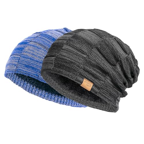 Vgogfly Slouchy Beanie for Men Winter Hats for Guys Cool Beanies Mens Lined Knit Warm Thick Skully Stocking Binie Hat Pairs - color: Black/ Bright Blue