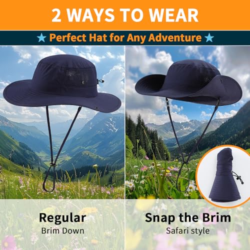 Home Prefer UPF50+ Mens Sun Hat Wide Brim Womens UV Protection Beach Bucket Hat for Fishing Hiking Snap Up Cowboy Hat - color: Navy Blue