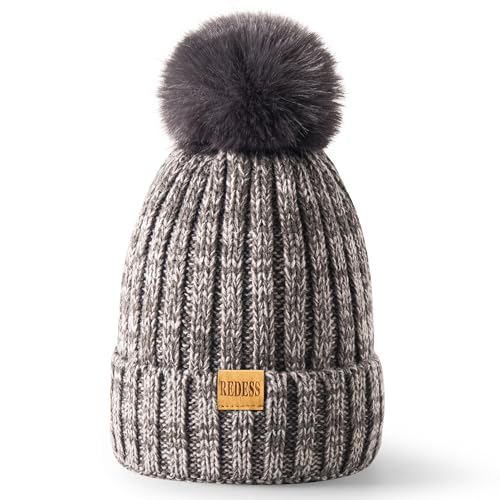 REDESS Womens Winter Knitted Beanie Hat Warm Fleece Lined with Pompom Cap Thick Slouchy Snow Knit Skull Ski Cap - color: Dark&light Grey