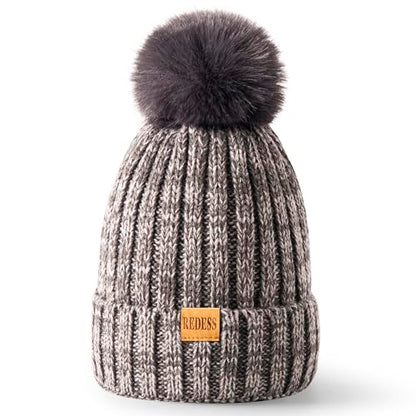 REDESS Womens Winter Knitted Beanie Hat Warm Fleece Lined with Pompom Cap Thick Slouchy Snow Knit Skull Ski Cap - color: Dark&light Grey