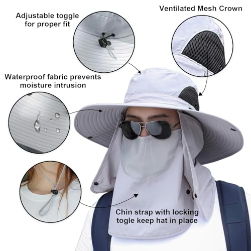 Men Women Safari Bucket Fishing Sun Hats Face Cover Neck Flap - color: Light Grey