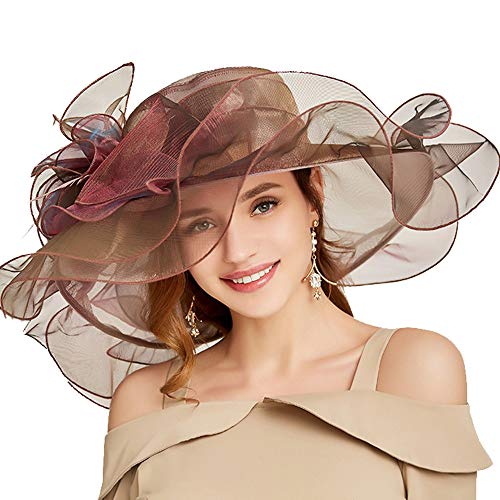 Women Oganza Sun Hat Church Wide Brim Wedding Formal Fascinator Hat - color: Reddish Brown