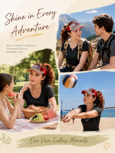 Women Shiny Rhinestone Bling Sun Visor Adjustable Tennis Beach Ponytail Hat - color: Red-usaflag