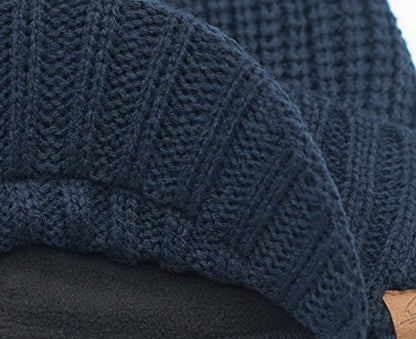Home Prefer Men's Winter Hat Thick Knit Beanie Cap with Visor Newsboy Beanie Hat - color: Navy Blue