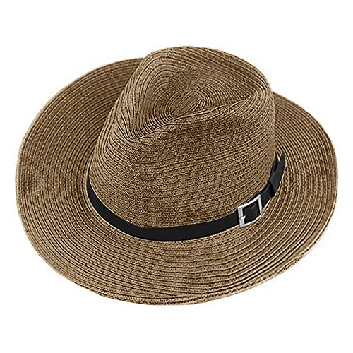 Men's Floppy Packable Straw Hat Beach Cap Newsboy Fedora Sun Hat, Big Brim, Adjustable Chin Strap - color: Coffee