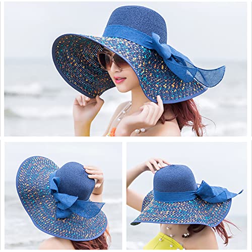 Womens Sun Straw Hat Wide Brim Summer Hat Foldable Beach Hats Floppy Roll up Cap Sunhat with Bowknot Blue - color: Blue