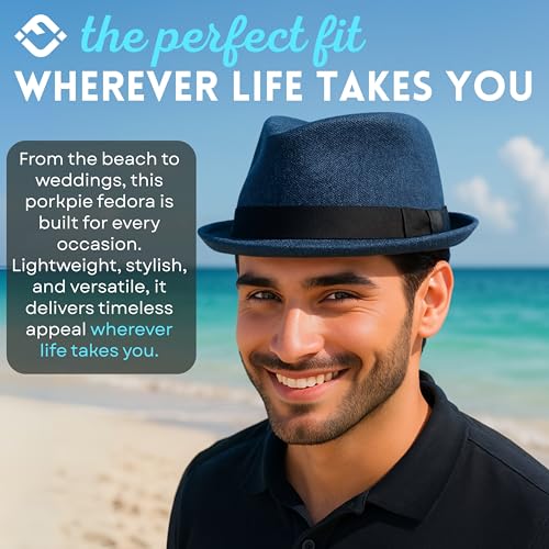 Funky Junque Men's Panama Porkpie Fedora, Linen Summer Beach Hat - color: Deep Blue, size: Small-Medium