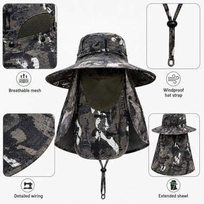 Men Women Safari Bucket Fishing Sun Hats Face Cover Neck Flap - color: Armygreen Graffiti