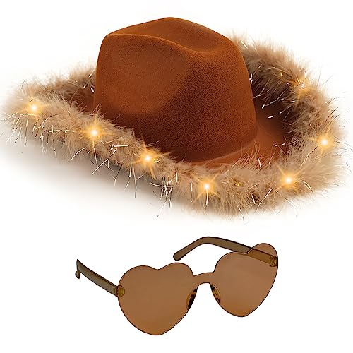 Funcredible Light Up Cowboy Hat and Glasses – LED Cowgirl Hat with Feathers – Cowgirl Costume Accessories for Women - color: Brown